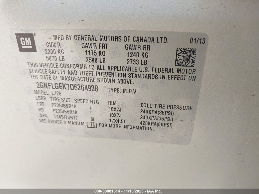 2013 CHEVROLET EQUINOX LTZ - 2GNFLGEK7D6264938