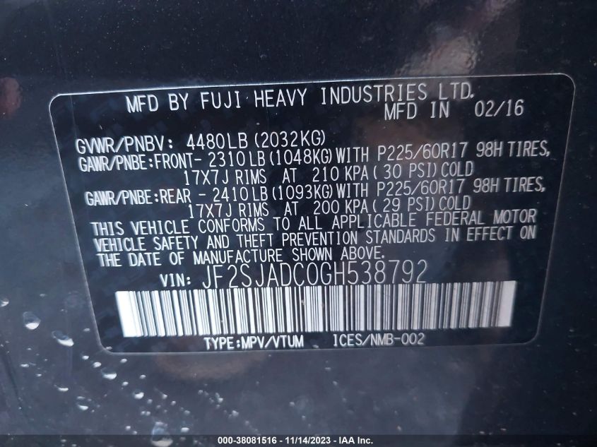 2016 SUBARU FORESTER 2.5I PREMIUM - JF2SJADC0GH538792