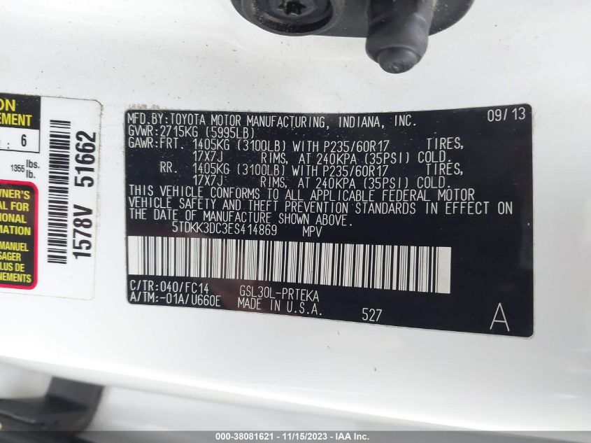 2014 TOYOTA SIENNA LE V6 8 PASSENGER - 5TDKK3DC3ES414869