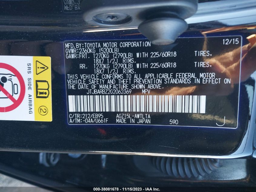 VIN JTJBARBZ2G2062369 2016 LEXUS NX 200T no.9