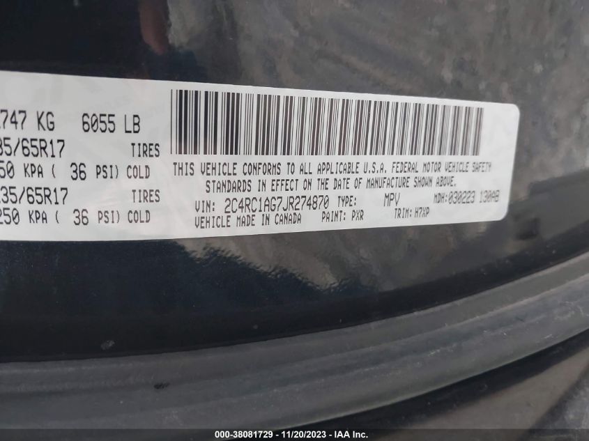 2018 CHRYSLER PACIFICA L - 2C4RC1AG7JR274870