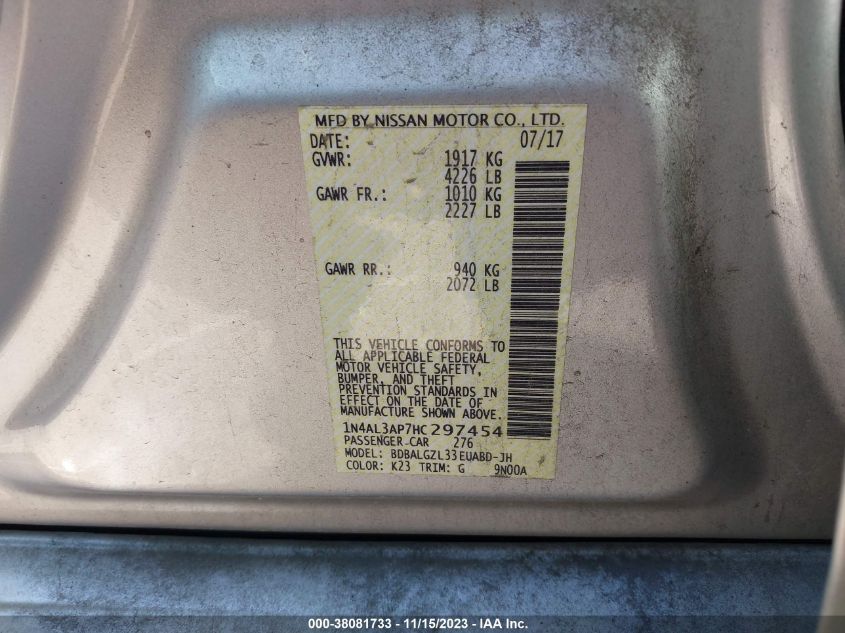 2017 NISSAN ALTIMA 2.5/S/SV/SL/SR - 1N4AL3AP7HC297454