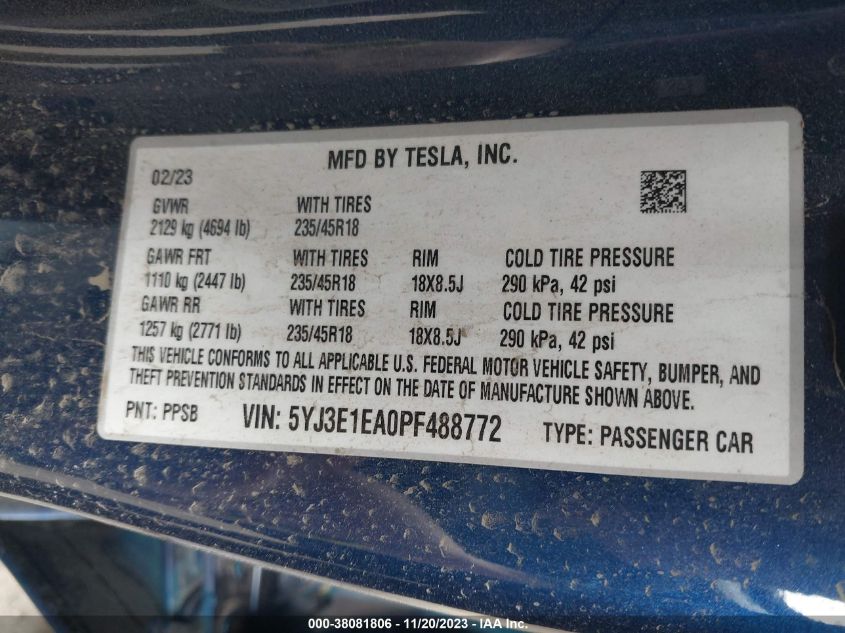 2023 TESLA MODEL 3 REAR-WHEEL DRIVE - 5YJ3E1EA0PF488772