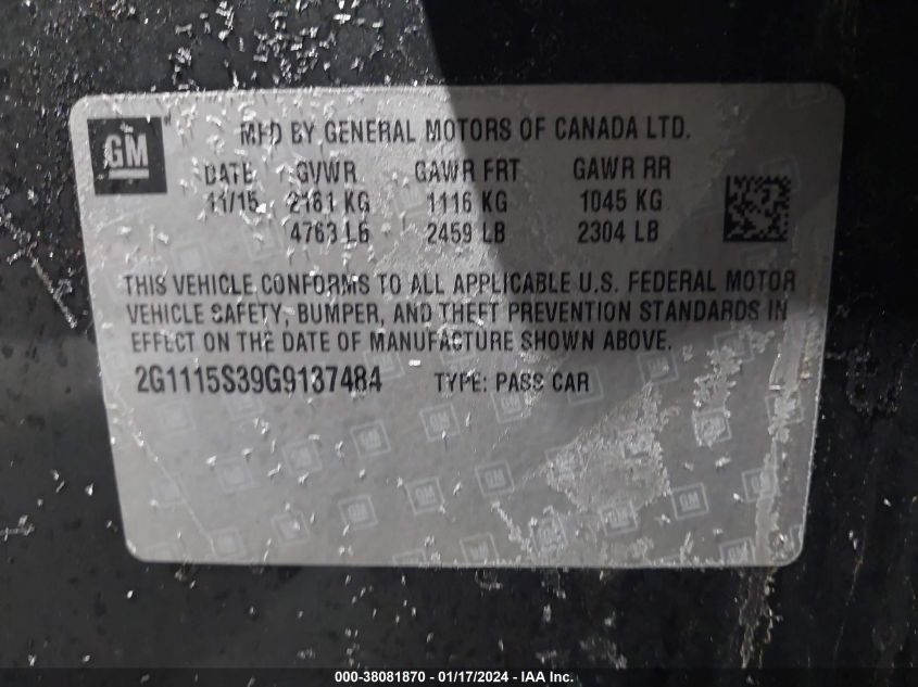2016 CHEVROLET IMPALA 2LT - 2G1115S39G9137484