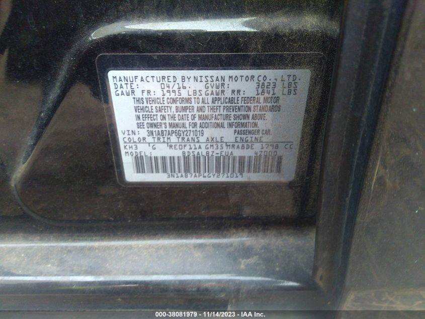 2016 NISSAN SENTRA S - 3N1AB7AP6GY271019