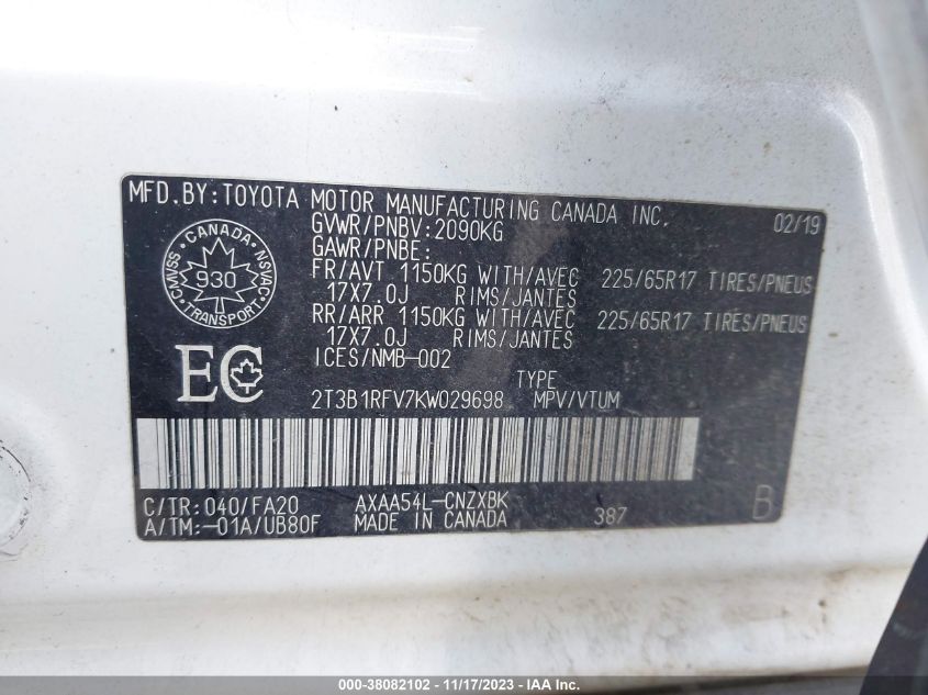 2019 TOYOTA RAV4 LE - 2T3B1RFV7KW029698