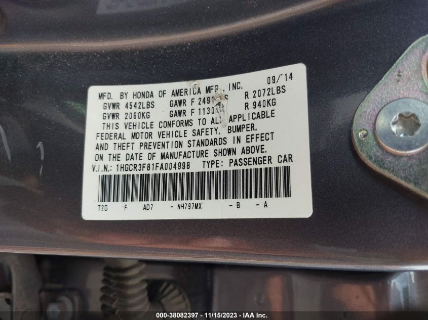 2015 HONDA ACCORD SEDAN EX-L 1HGCR3F81FA004998