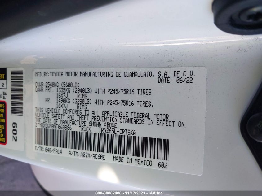 2022 TOYOTA TACOMA SR - 3TYRX5GN0NT060886