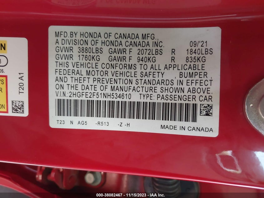 2022 HONDA CIVIC 2.0L I4   N(VIN: 2HGFE2F51NH534610