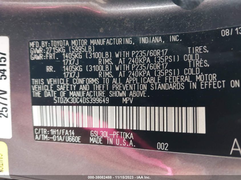 2013 TOYOTA SIENNA L V6 7 PASSENGER - 5TDZK3DC4DS399649