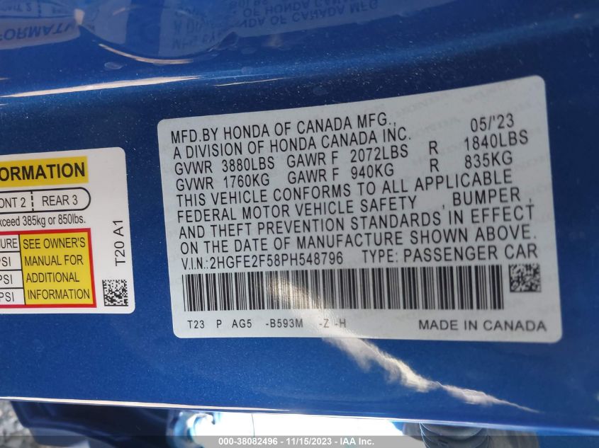 2023 HONDA CIVIC SPORT - 2HGFE2F58PH548796
