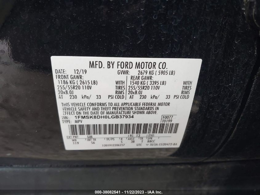 2020 FORD EXPLORER XLT - 1FMSK8DH0LGB37934