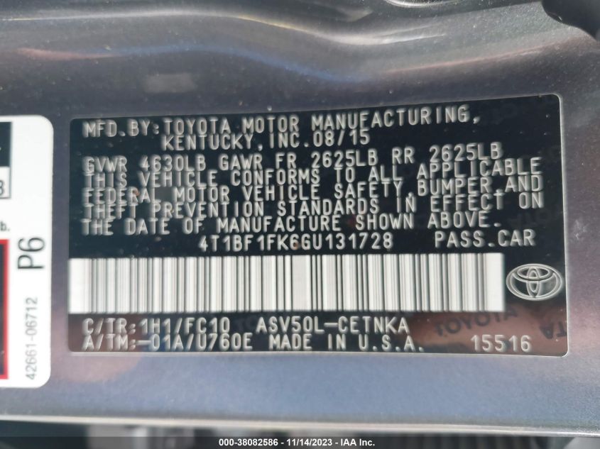2016 TOYOTA CAMRY LE/XLE/SE/XSE - 4T1BF1FK6GU131728