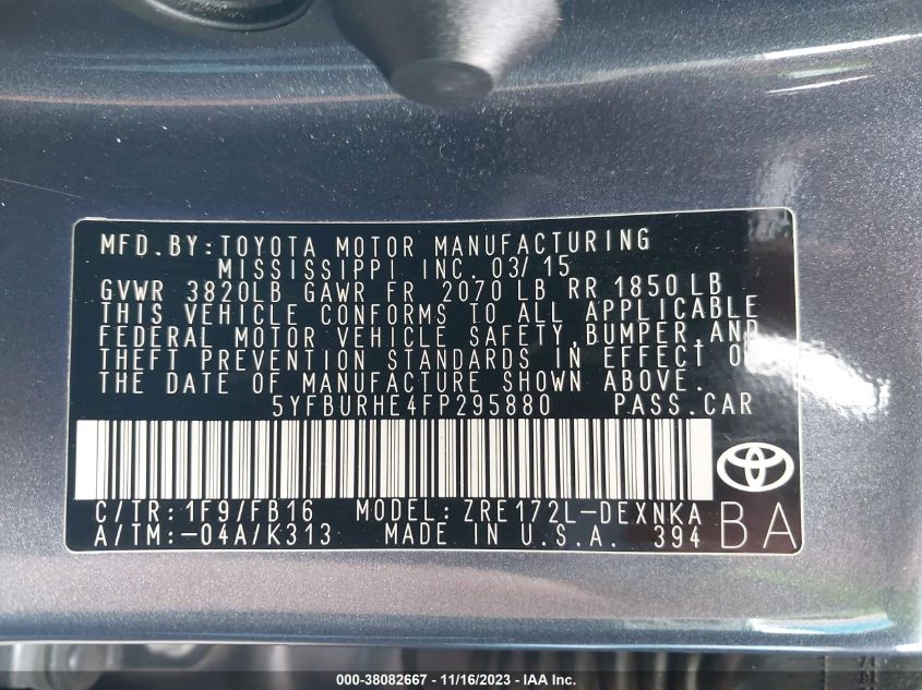 2015 TOYOTA COROLLA LE PLUS - 5YFBURHE4FP295880