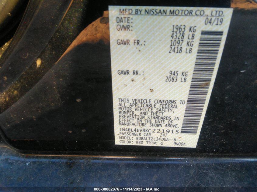 2019 NISSAN ALTIMA 2.5 SL - 1N4BL4EV8KC221915