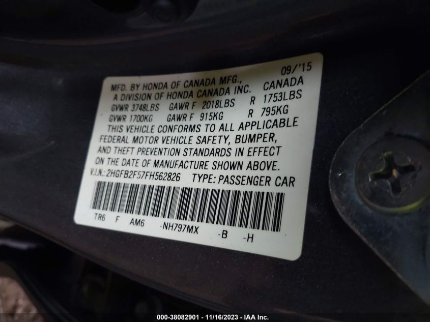 2015 HONDA CIVIC LX - 2HGFB2F57FH562826