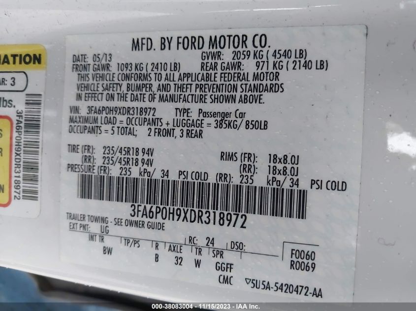 2013 FORD FUSION SE - 3FA6P0H9XDR318972