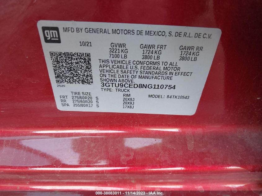 2022 GMC SIERRA 1500 LIMITED 4WD  SHORT BOX ELEVATION 3GTU9CED8NG110754