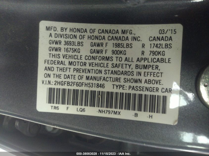 2015 HONDA CIVIC HF - 2HGFB2F60FH531846