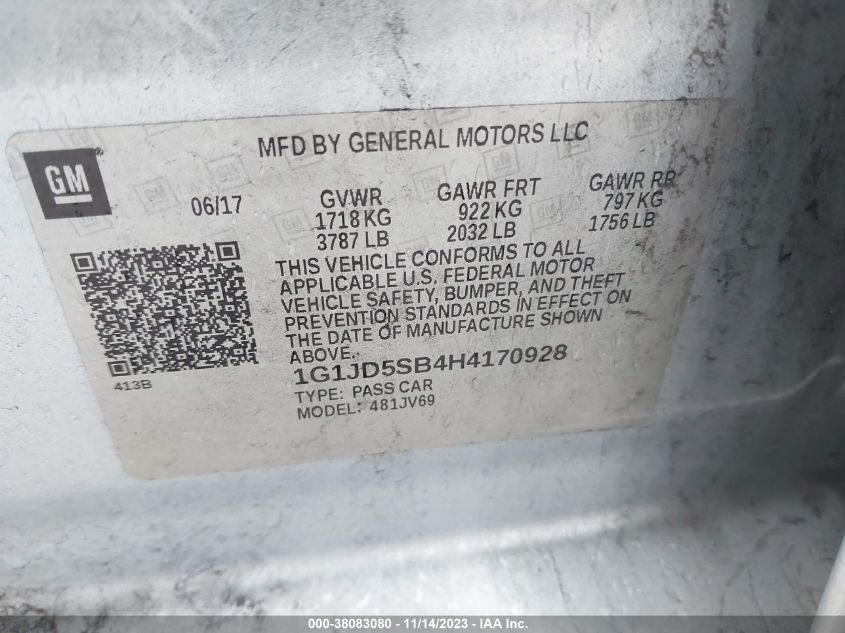 2017 CHEVROLET SONIC LT AUTO - 1G1JD5SB4H4170928