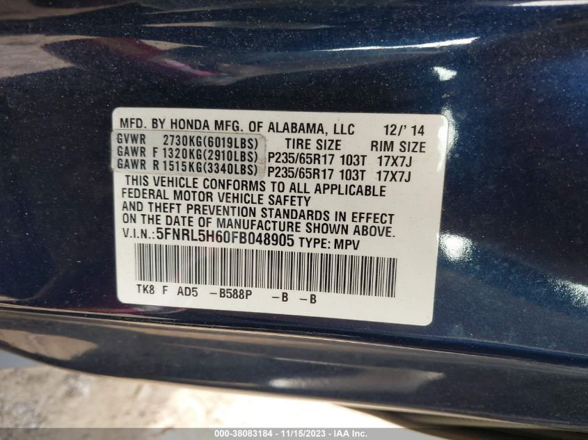 VIN 5FNRL5H60FB048905 2015 HONDA ODYSSEY no.9