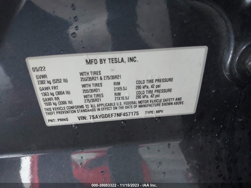 VIN 7SAYGDEF7NF457175 2022 TESLA MODEL Y