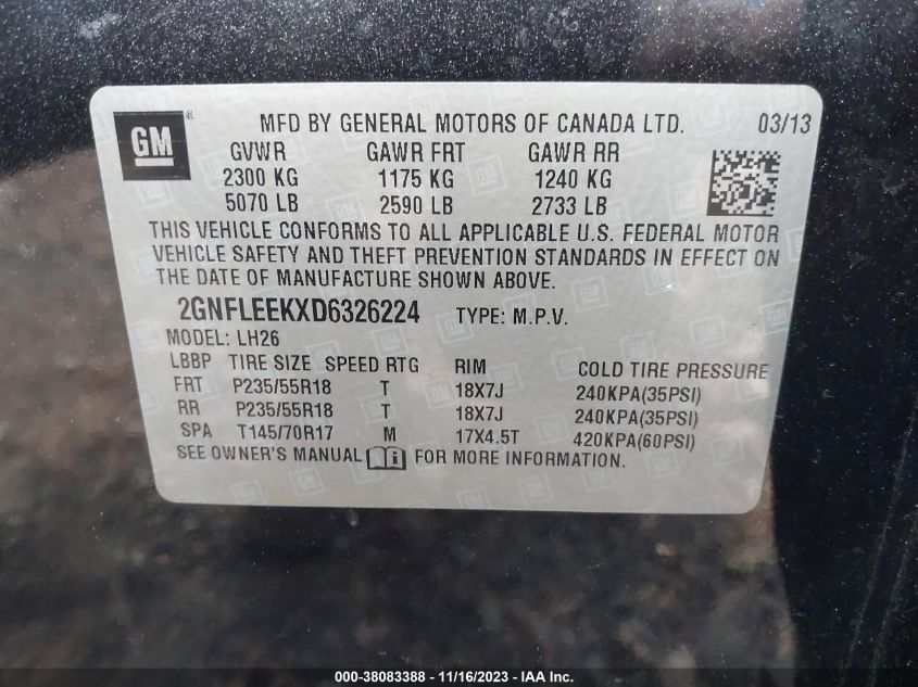 2013 CHEVROLET EQUINOX LT - 2GNFLEEKXD6326224