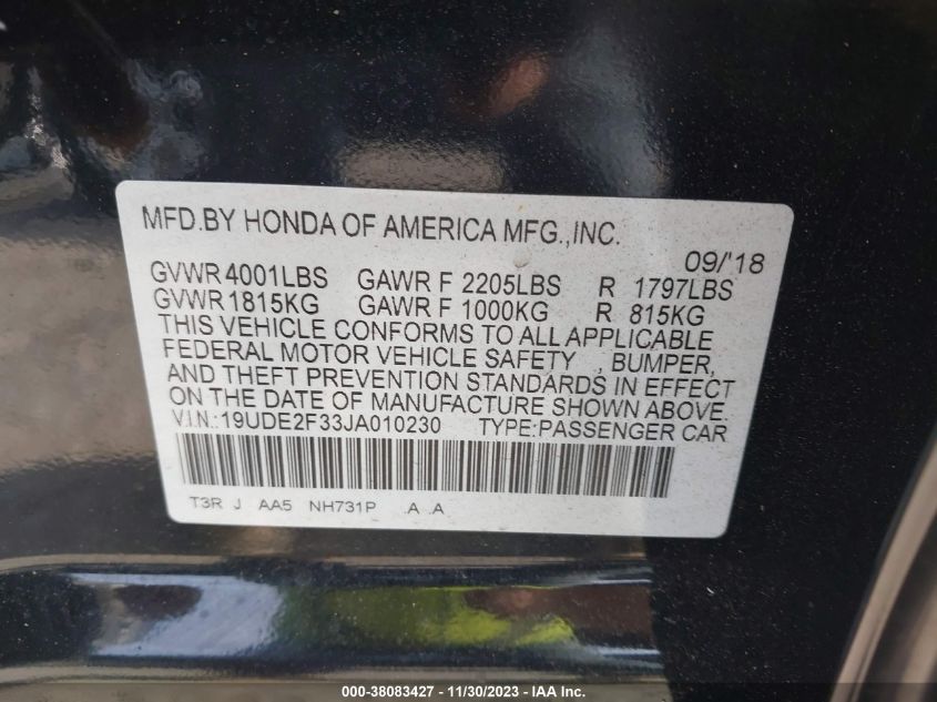2018 ACURA ILX ACURAWATCH PLUS PACKAGE - 19UDE2F33JA010230