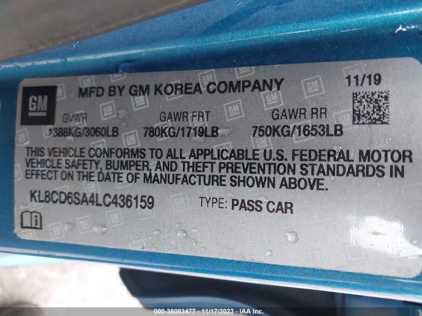 VIN KL8CD6SA4LC436159 2020 CHEVROLET SPARK FWD 1LT AUTOMATIC