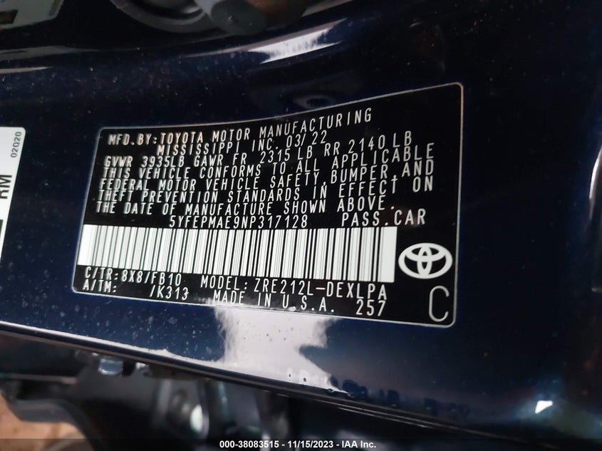 VIN 5YFEPMAE9NP317128 2022 TOYOTA COROLLA LE