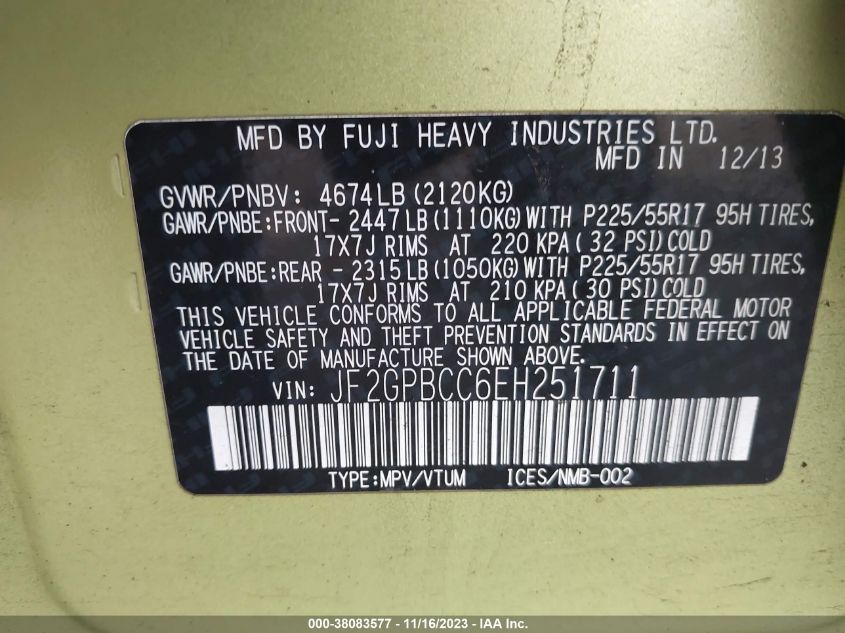 2014 SUBARU XV CROSSTREK HYBRID 2.0I HYBRID JF2GPBCC6EH251711