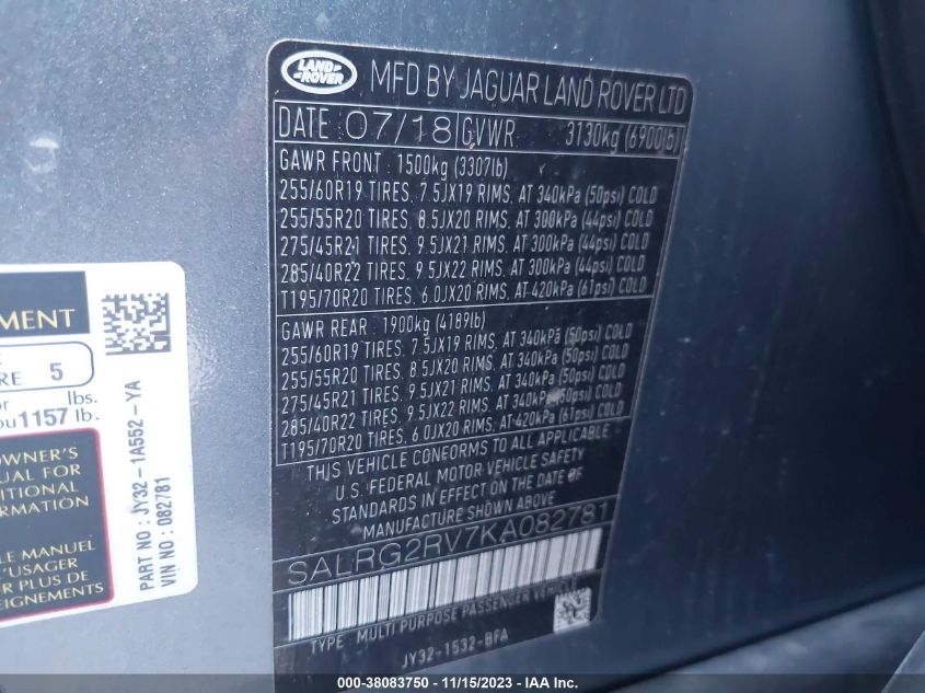2019 LAND ROVER DISCOVERY SE - SALRG2RV7KA082781