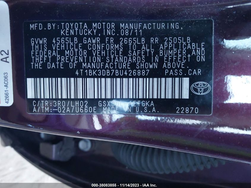 4T1BK3DB7BU426887 | 2011 TOYOTA AVALON