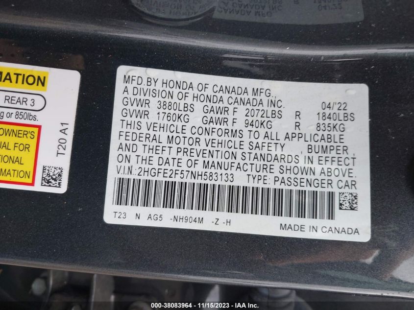 2022 HONDA CIVIC SPORT - 2HGFE2F57NH583133
