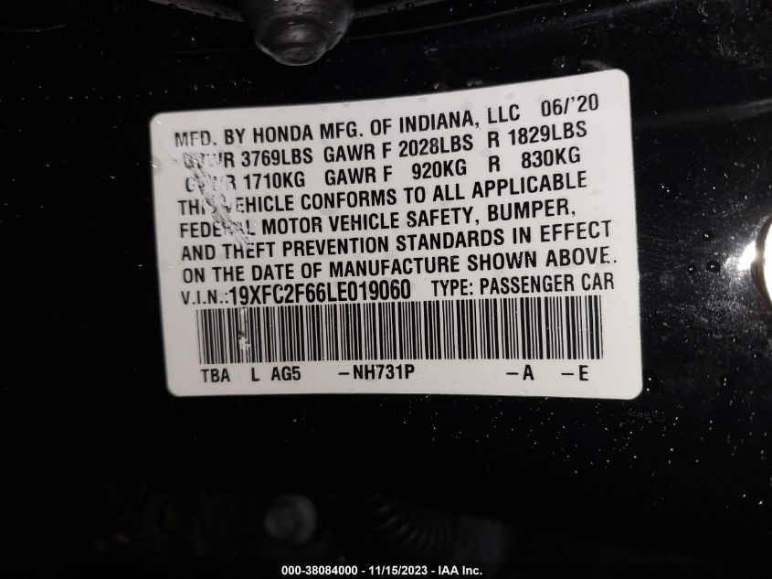 VIN 19XFC2F66LE019060 2020 HONDA CIVIC LX