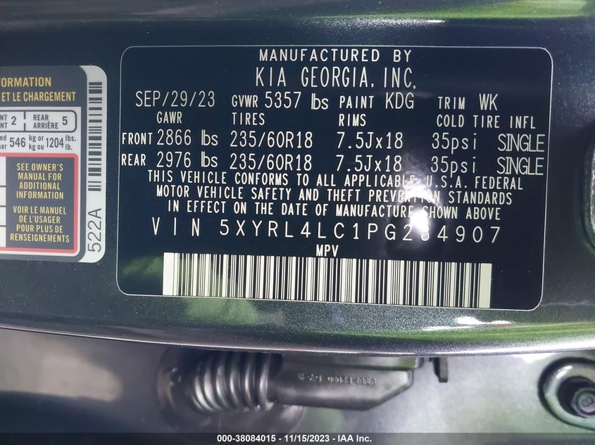 VIN 5XYRL4LC1PG234907 2023 KIA SORENTO S