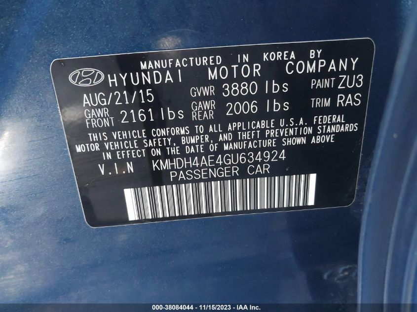 2016 HYUNDAI ELANTRA SE/SPORT/LIMITED - KMHDH4AE4GU634924