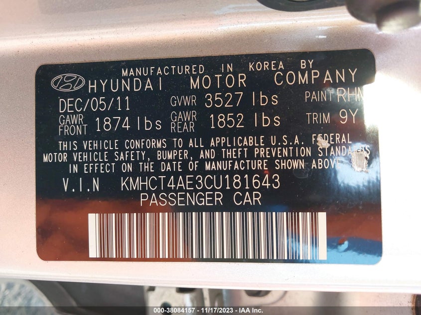 2012 HYUNDAI ACCENT VIN: KMHCT4AE3CU181643