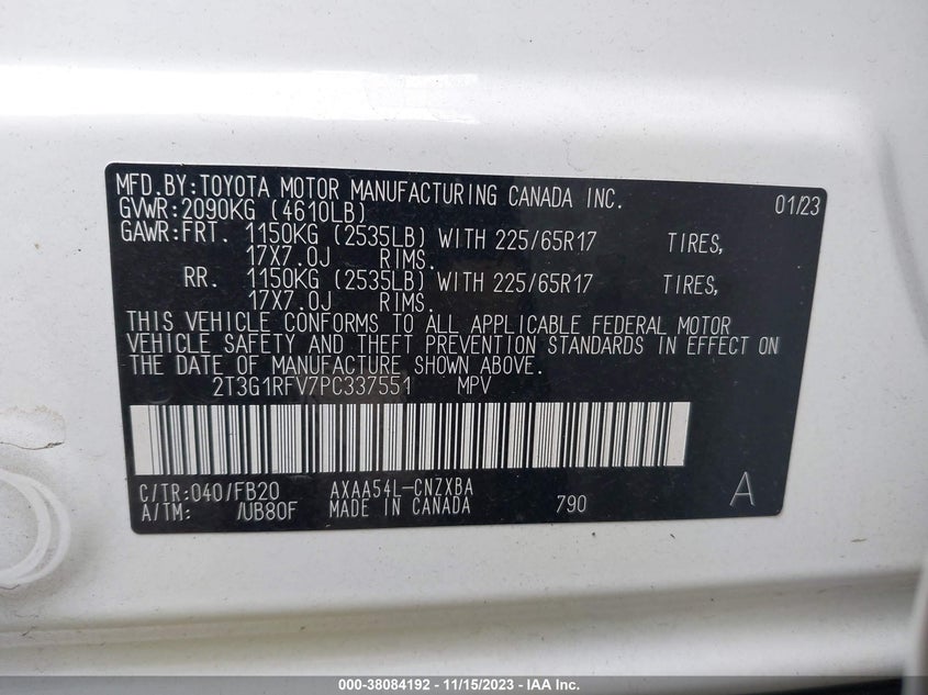 VIN 2T3G1RFV7PC337551 2023 TOYOTA RAV4 LE