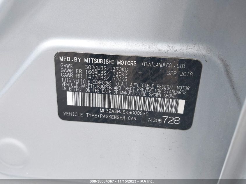 2019 MITSUBISHI MIRAGE ES/RF - ML32A3HJ8KH000839