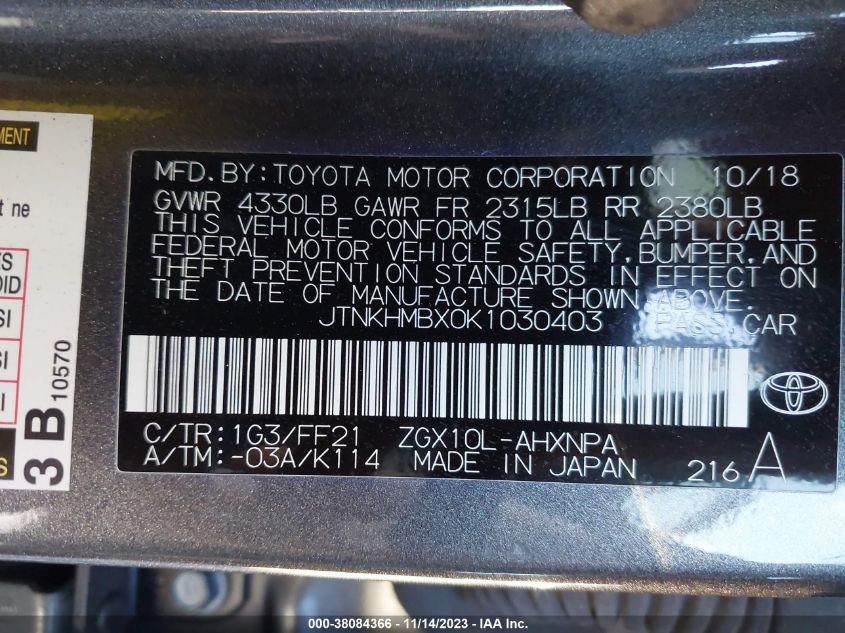 2019 TOYOTA C-HR XLE - JTNKHMBX0K1030403