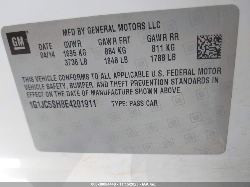 2014 CHEVROLET SONIC LT AUTO - 1G1JC5SH8E4201911