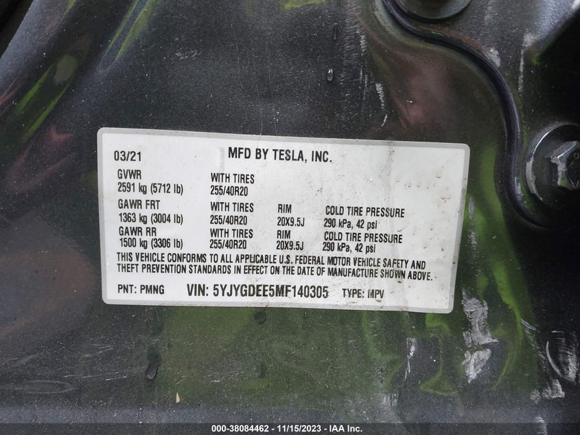 VIN 5YJYGDEE5MF140305 2021 TESLA MODEL Y
