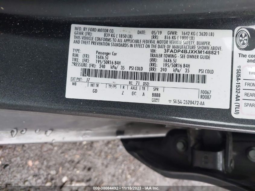 VIN 3FADP4BJXKM148821 2019 FORD FIESTA SE