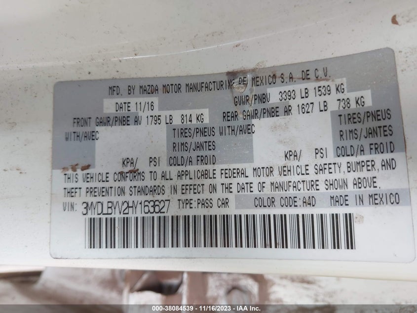 VIN 3MYDLBYV2HY163627 2017 TOYOTA YARIS IA