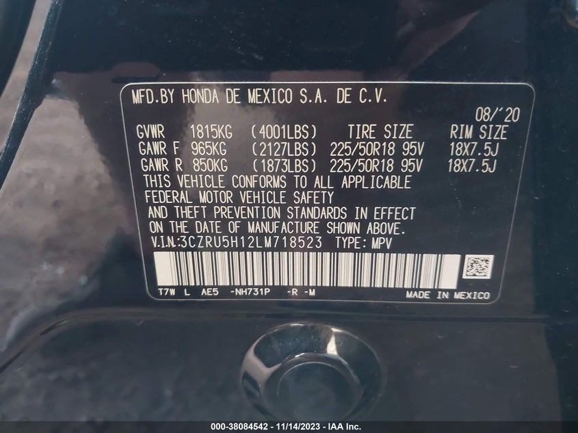 VIN 3CZRU5H12LM718523 2020 HONDA HR-V 2WD SPORT