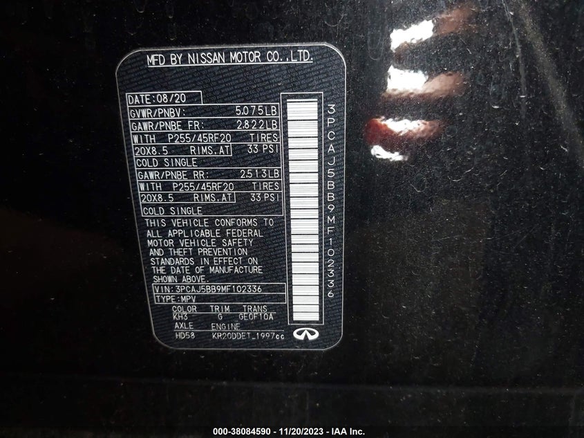 VIN 3PCAJ5BB9MF102336 2021 INFINITI QX50 LUXE AWD