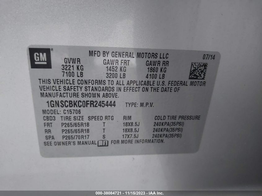 2015 CHEVROLET TAHOE C1500 LT - 1GNSCBKC0FR245444
