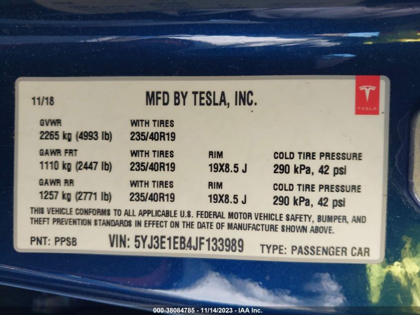 2018 TESLA MODEL 3 LONG RANGE/PERFORMANCE - 5YJ3E1EB4JF133989