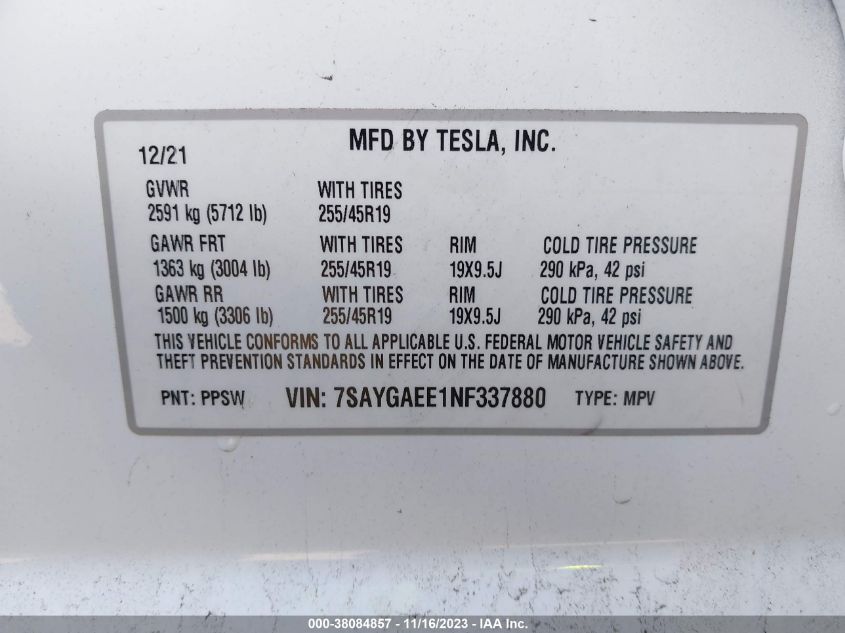 2022 TESLA MODEL Y LONG RANGE DUAL MOTOR - 7SAYGAEE1NF337880